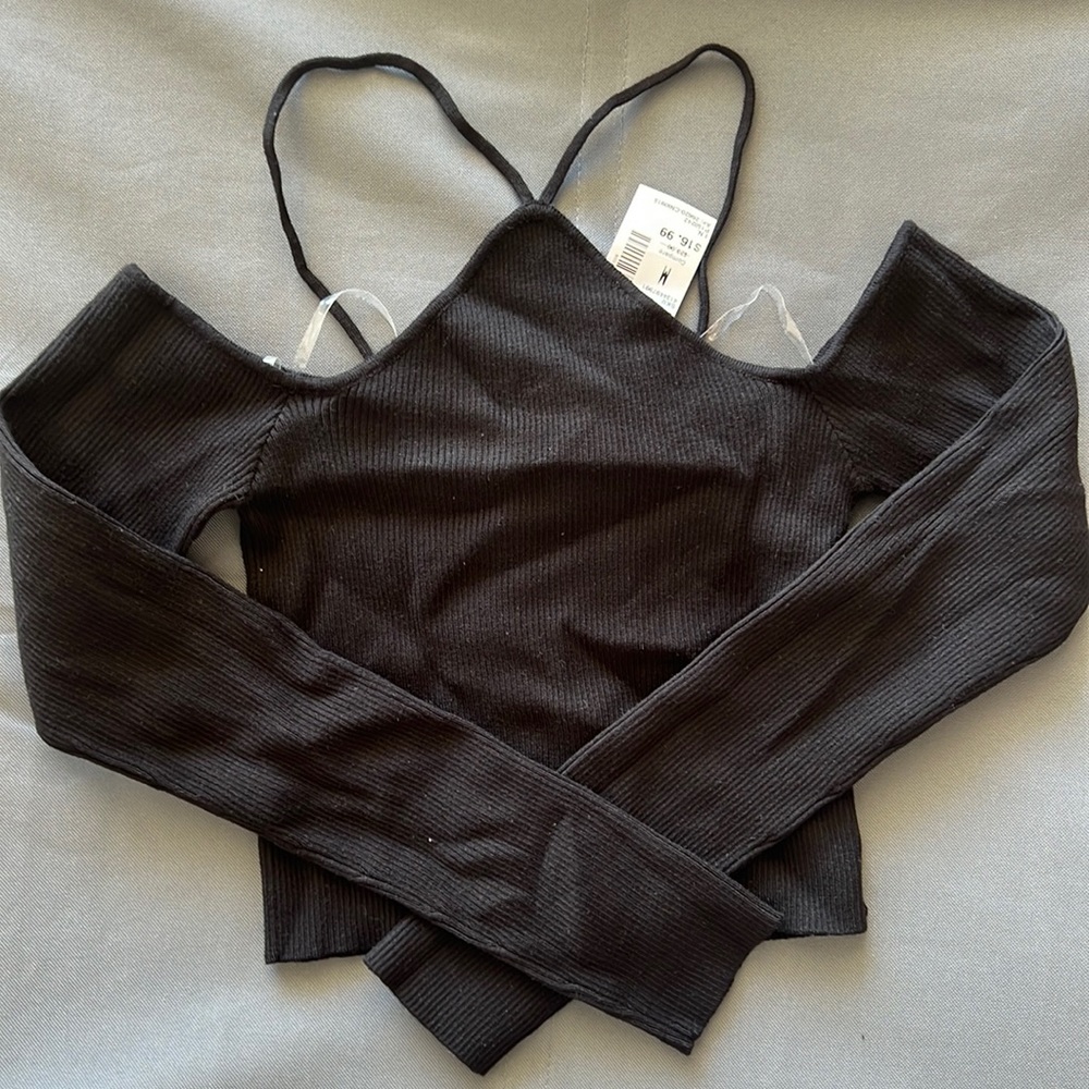 NWT! Long sleeve black high neck top with V straps